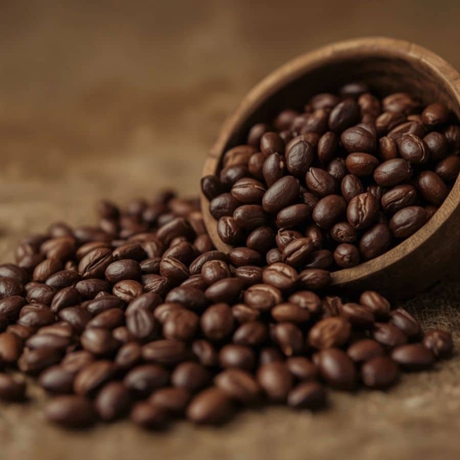 Arabica coffee beans spilling from a wooden scoop onto a hessian surface